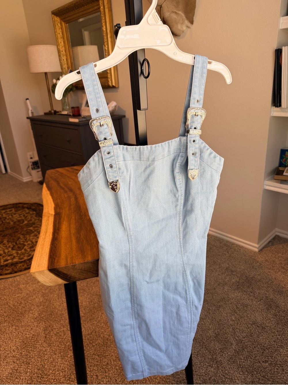 Haute Monde Light Blue Denim Mini Dress with Buckle Straps